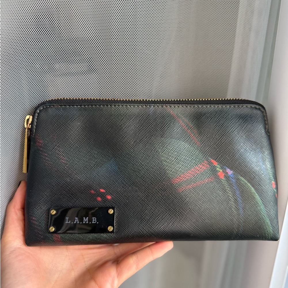L.A.M.B. Navy Tartan Plaid Print Top Zip Logo Cosmetic Bag Clutch, GENTLY USED